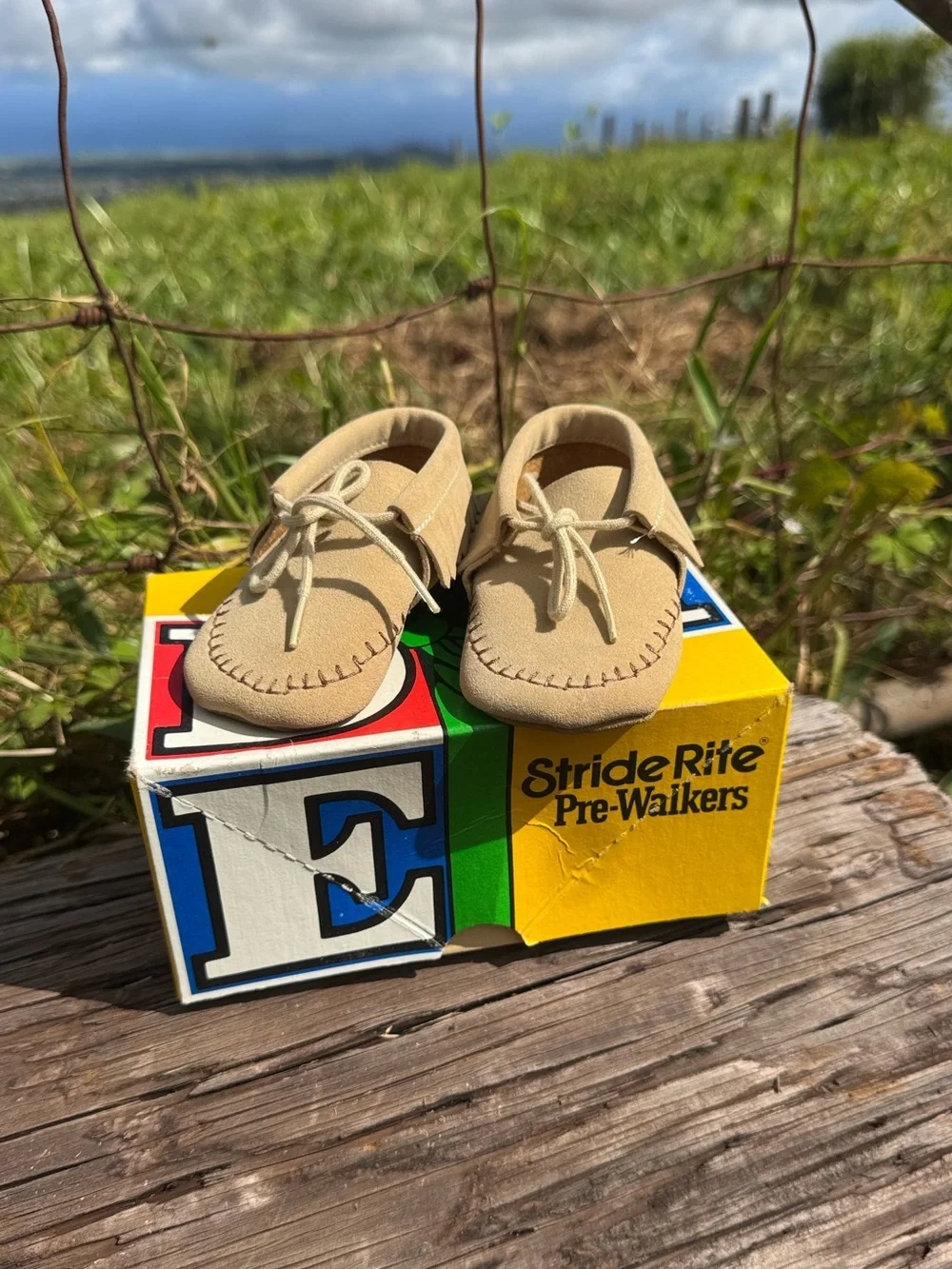 Vintage Stride Right Pre walke tan moccasins  Boy girl 2 months